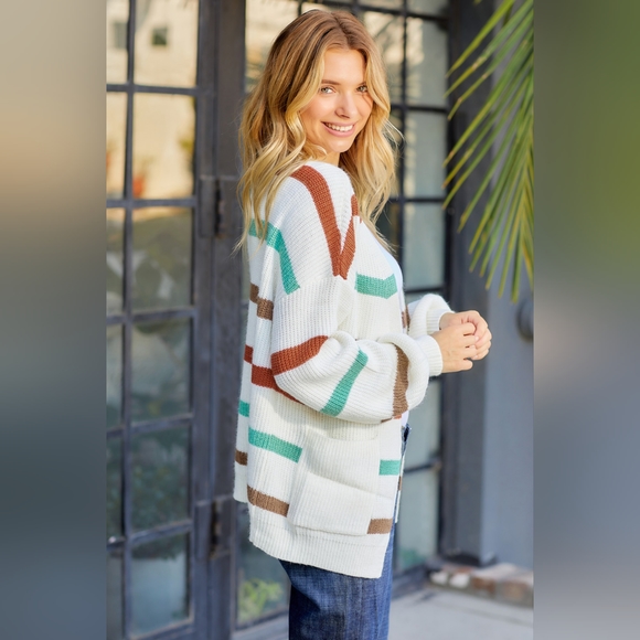 Women's Striped Open Front Dropped Shoulder Cardigan - Picture 5 of 6